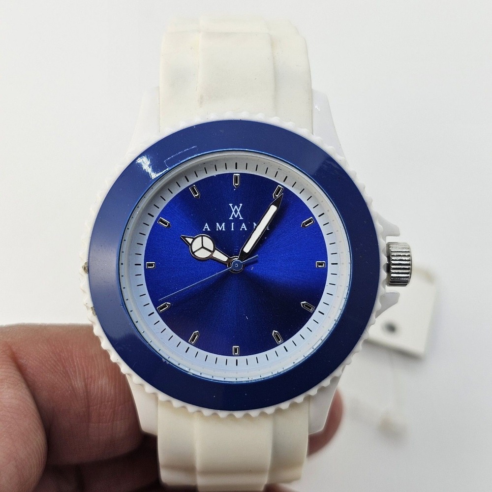 Amiani Men's Watch 40MM Blue Dial Bezel White Blue Plastic‎ Bands New Battery